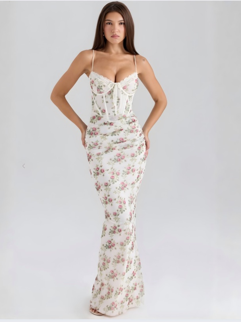 House Of Cb White Floral Corset Maxi Dress With Pink Roses